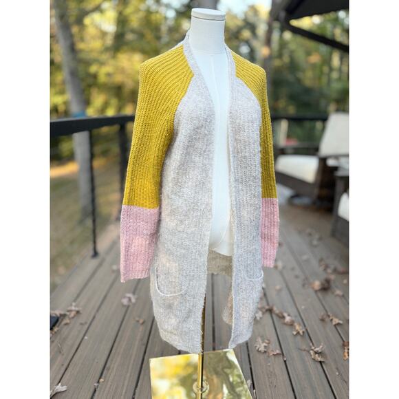 Anthropologie Pepin Colorblock Open Cardigan Sweater Mustard Pink Ivory Small - Picture 3 of 6
